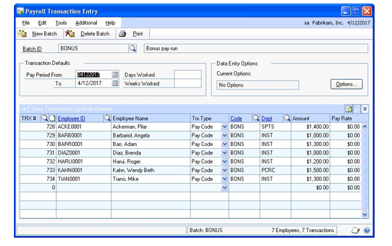 Screenshot of the Payroll Transaction Entry window.