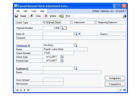 Screenshot of the Payroll Manual Check Adjustment Entry window.