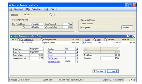 Screenshot of the Payroll Transaction Entry window, showing the transaction code set at RDTWK for the amount of one hundred and fifty dollars.
