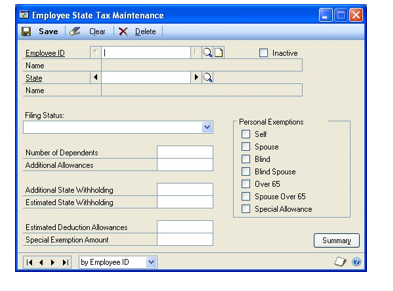 Screenshot of the Employee State Tax Maintenance window.