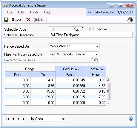 Screenshot that shows the Accrual Schedule Setup window for viewing accrual schedules.