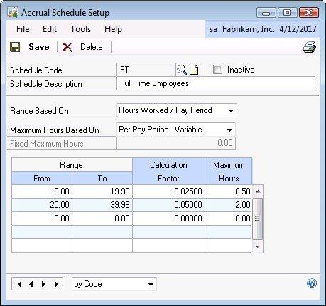 Screenshot that shows the Accrual Schedule Setup window and how it determines calculation factors.