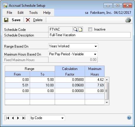 Screenshot that shows the Accrual Schedule Setup window and how the factor is figured.