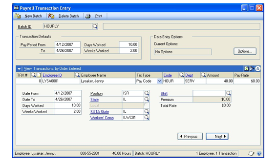 Screenshot of the Payroll Transaction Entry window, showing the transaction code set at HOUR for the amount of forty.