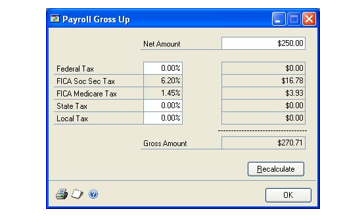 Screenshot of the Payroll Gross Up window.