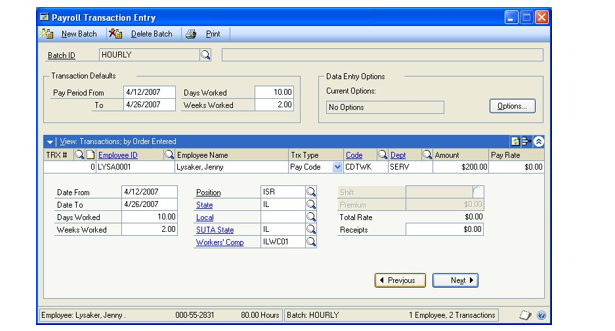 Screenshot of the Payroll Transaction Entry window, showing the transaction code set at CDTWK for the amount of two hundred dollars.