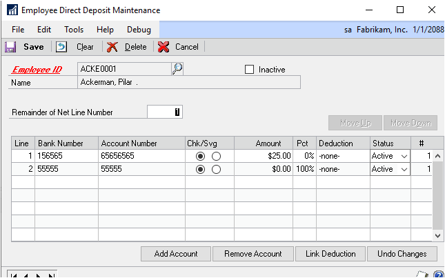 Screenshot of the Employee Direct Deposit Maintenance window.