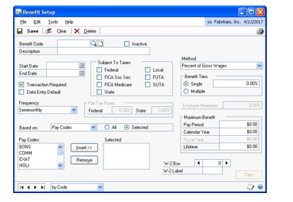 Screenshot of the Benefit Setup window, showing default entries and empty input boxes.
