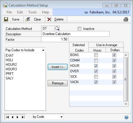 Calculation Method Setup window