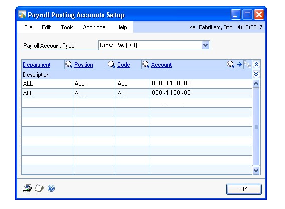 Screenshot of the Payroll Posting Accounts Setup window.
