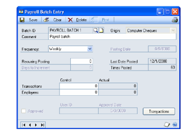 Screenshot of the Payroll Batch Entry window.