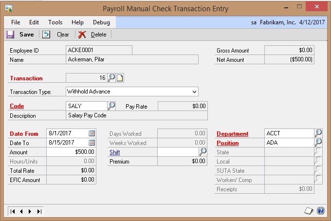 Screenshot of the Payroll Manual Check Transaction Entry window, showing Withold Advance selected as the transaction type.