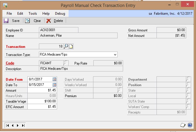 Screenshot of the Payroll Manual Check Transaction Entry window, showing FICA Medicare/Tips selected as the transaction type.