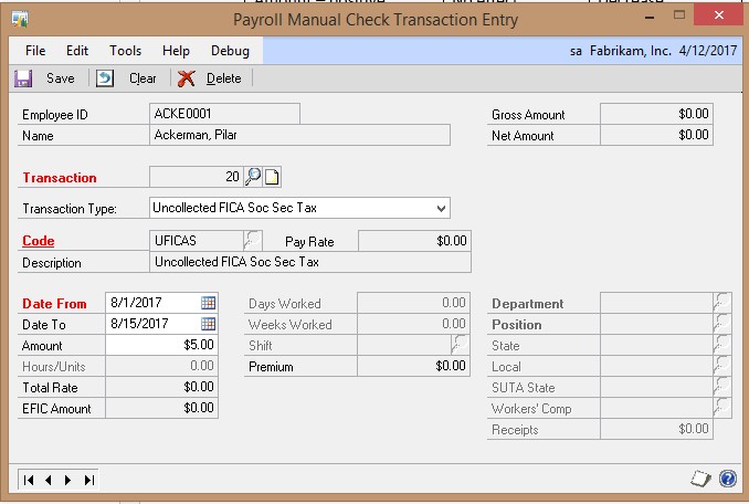 Screenshot of the Payroll Manual Check Transaction Entry window, showing Uncollected FICA Soc Sec Tax selected as the transaction type.