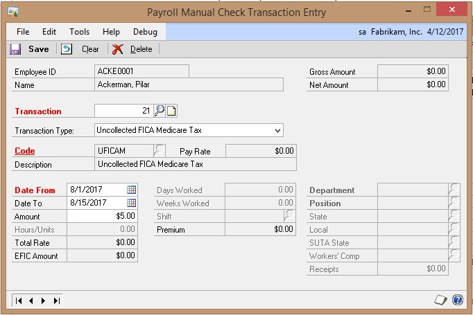 Screenshot of the Payroll Manual Check Transaction Entry window, showing Uncollected FICA Medicare Tax selected as the transaction type.