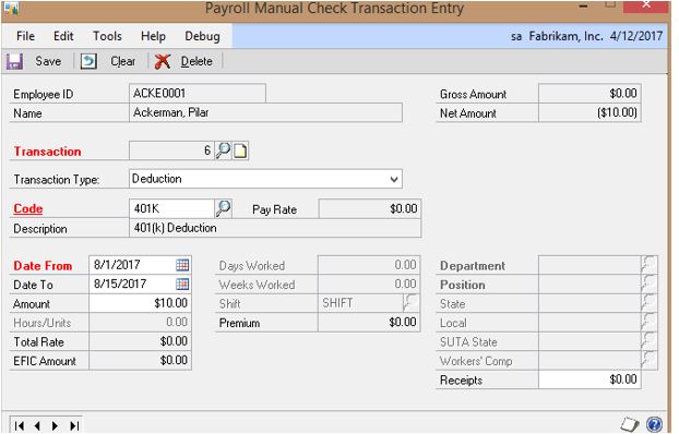 Screenshot of the Payroll Manual Check Transaction Entry window.