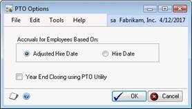 Screenshot that shows the PTO Options window.
