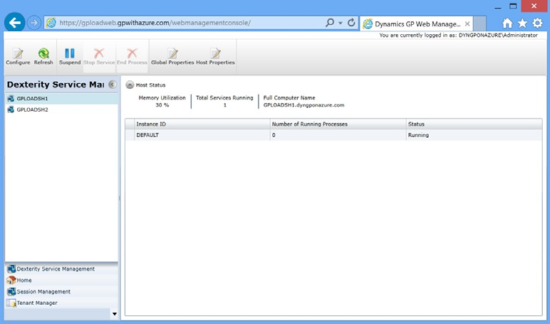 shows the service management part of the session management console.