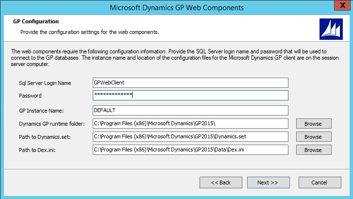 shows a screen for connecting the web components to dynamics gp data.