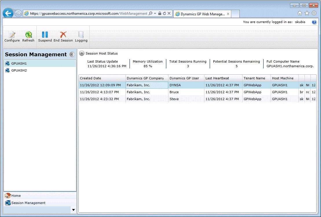 shows the session management snap-in in the web management console.
