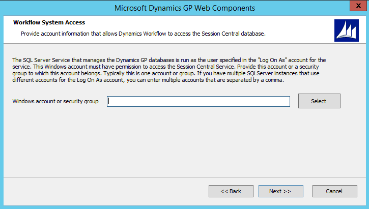 shows a screen for specifying the account for the dynamics workflow access.
