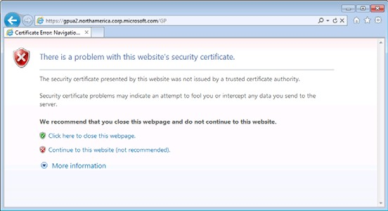 shows the error page in a browser when a dynamics gp deployment uses a certificate with a problem.