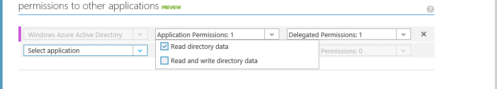 shows the permissions to other applications section in the azure management portal.