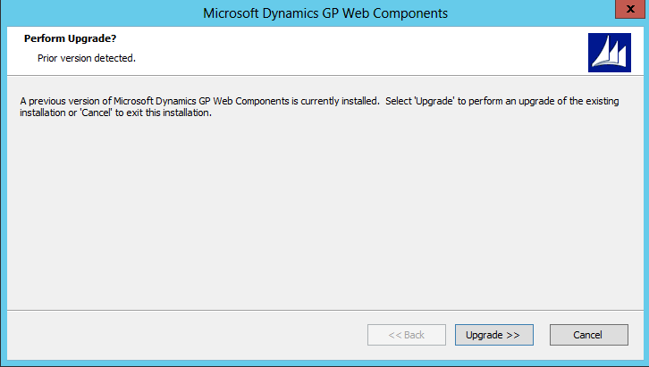 shows the notification that an earlier version of the dynamics gp web components has been detected.