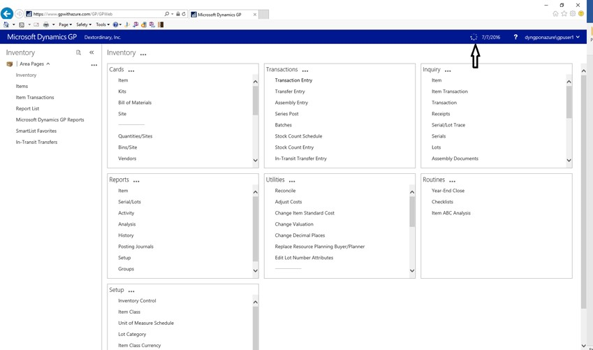 shows the location of the connection status field on the home page in dynamics gp.