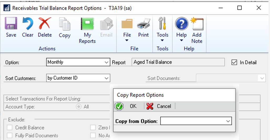 Shows the report options and how to copy report options.