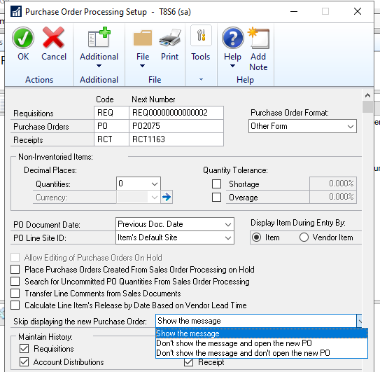 Shows the Purchase Order Processing Setup window