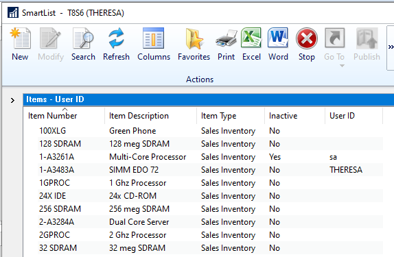 Shows the SmartList window and writing the User ID to the item record.