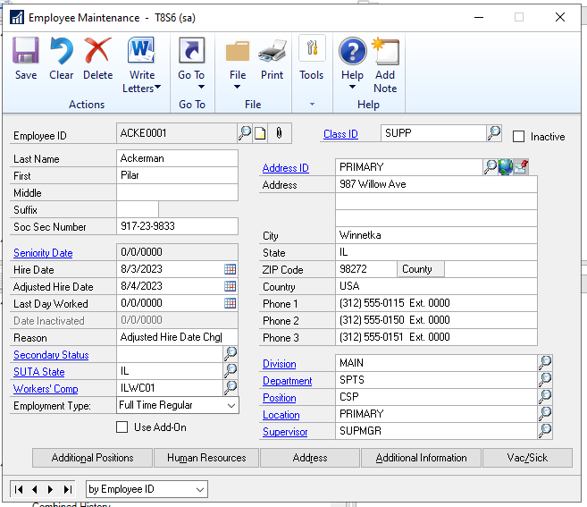 Shows the Employee Maintenance window