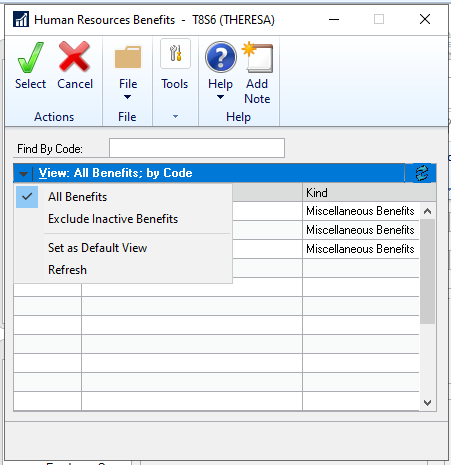 Shows the Human Resources Benefits window