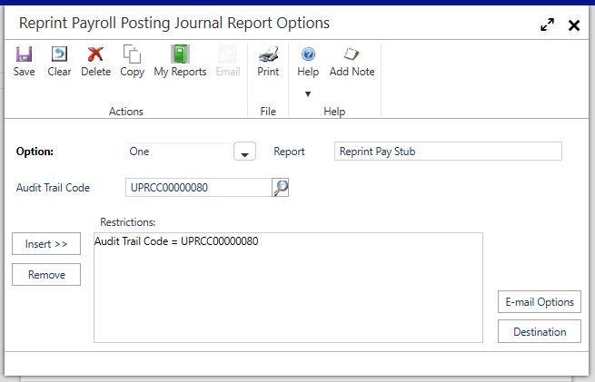 Shows the Reprint Payroll Posting window