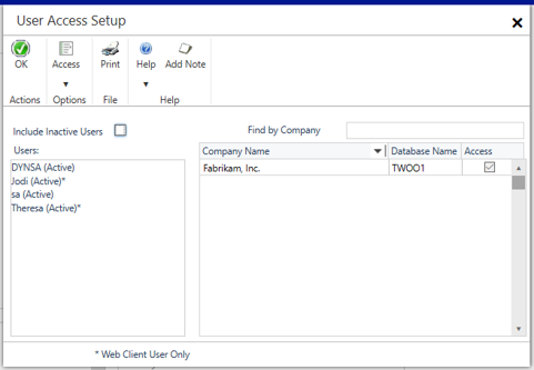 Shows the User Access Setup window and finding a company by name.