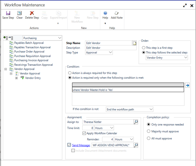 Shows the Workflow Maintenance window and the vendor approval workflow.