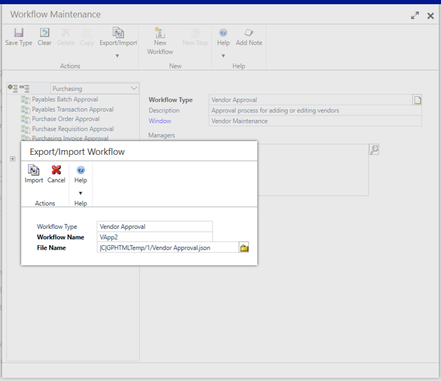 Shows the Workflow Maintenance window and how to import a workflow.