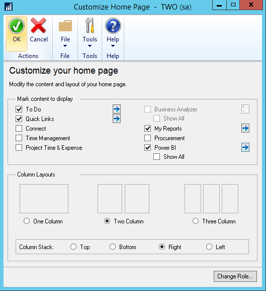 shows the window for customizing your home page.