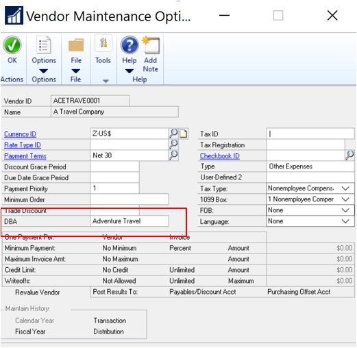 Vendor Maintenance Options showing DBA