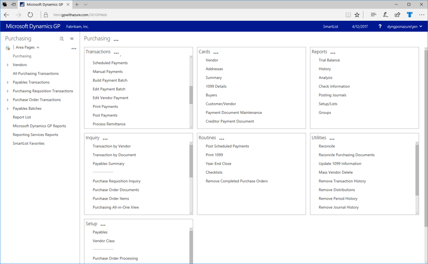 shows the purchasing homescreen in dynamics GP in a browser.