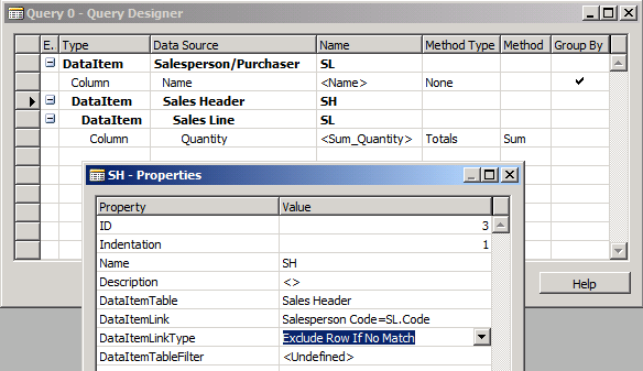 Screenshot that shows the S H Properties window and Query Designer.