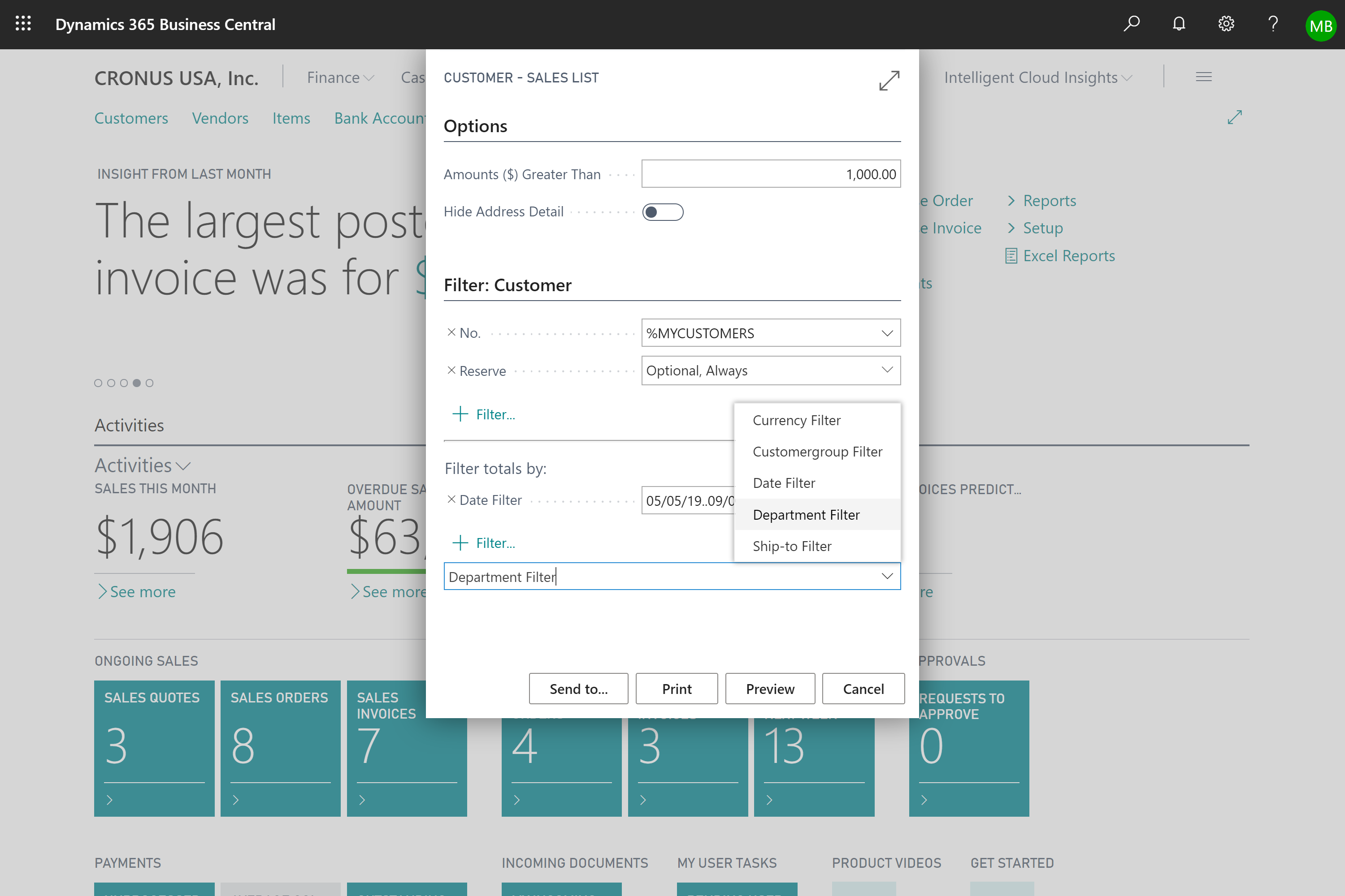 A customer report exhibiting various filtered fields