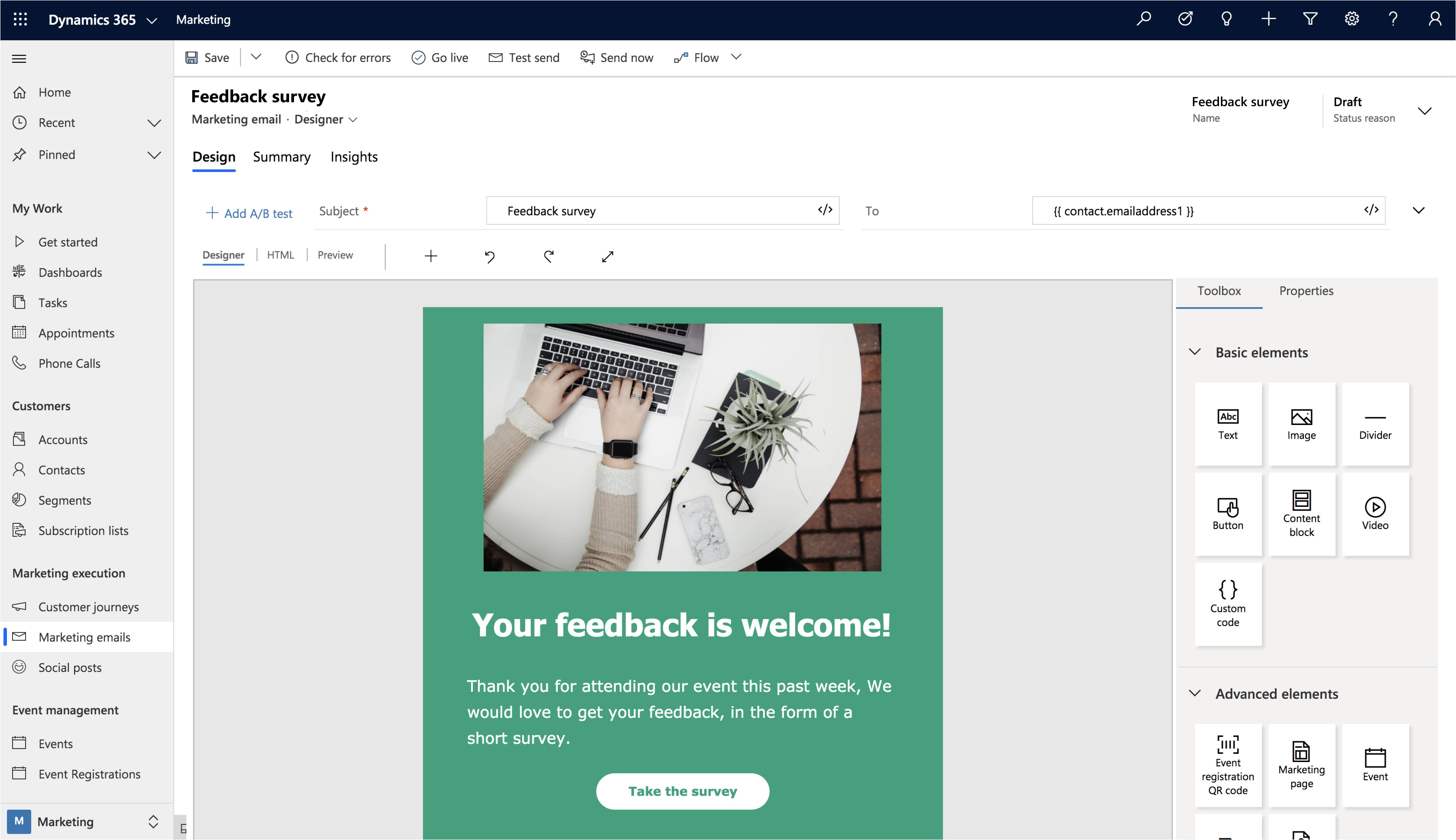 Attractive email design with button over picture