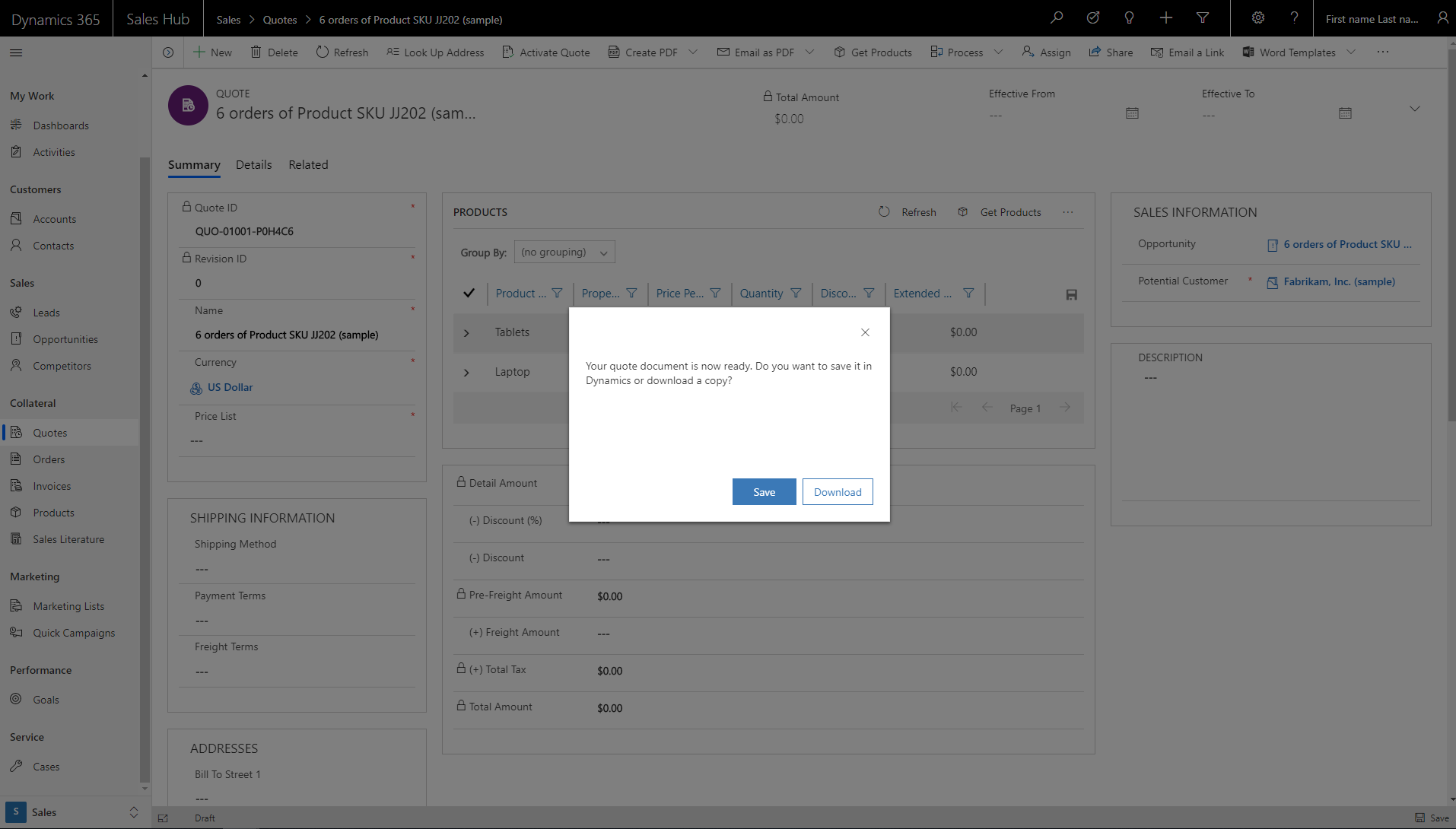 Dialog box to save the PDF to Dynamics 365 Sales or Microsoft SharePoint