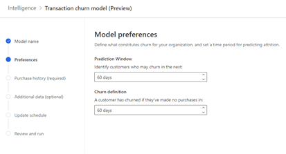 The first step in the wizard Model Preferences for transactional churn