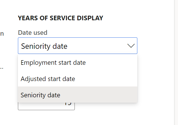 Years of service selection on the Human resources parameters page