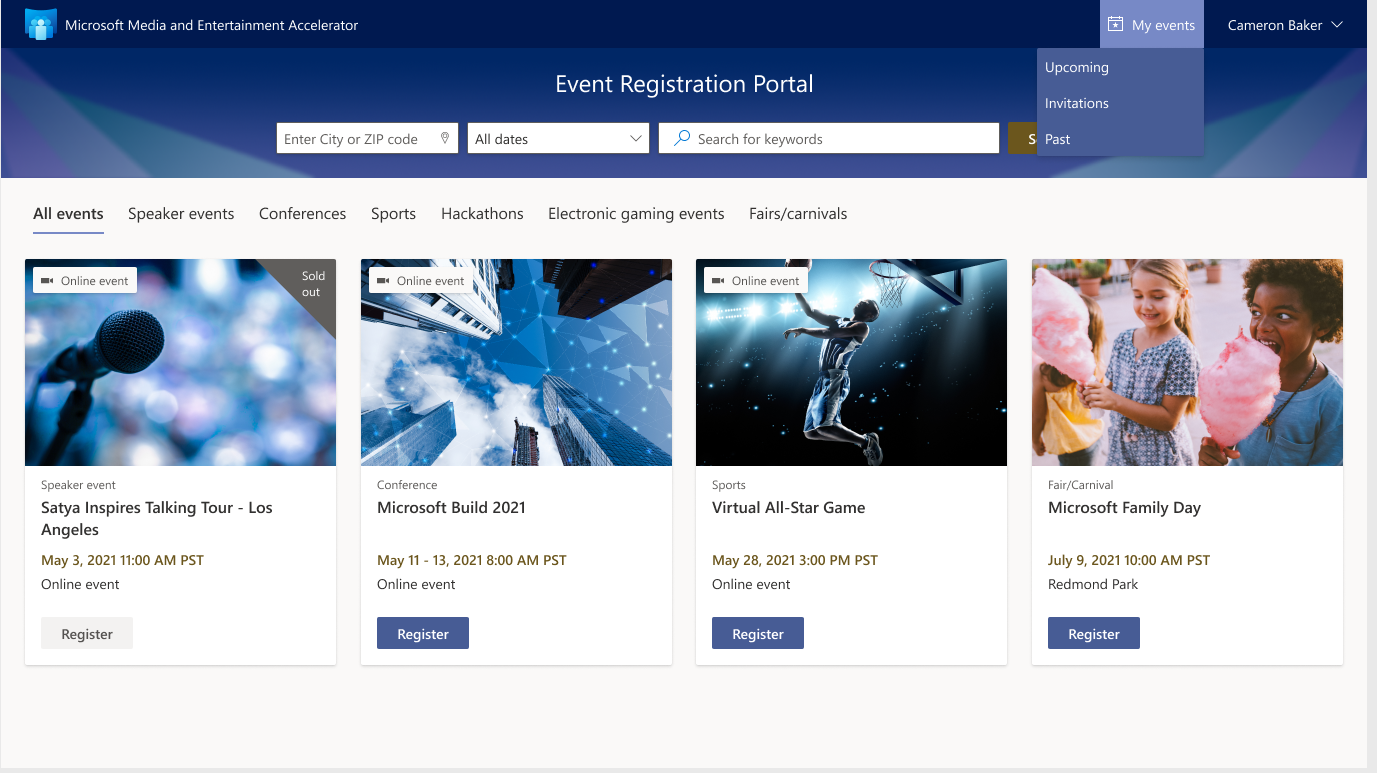 Sample of the enhanced event registration page with Teams integration