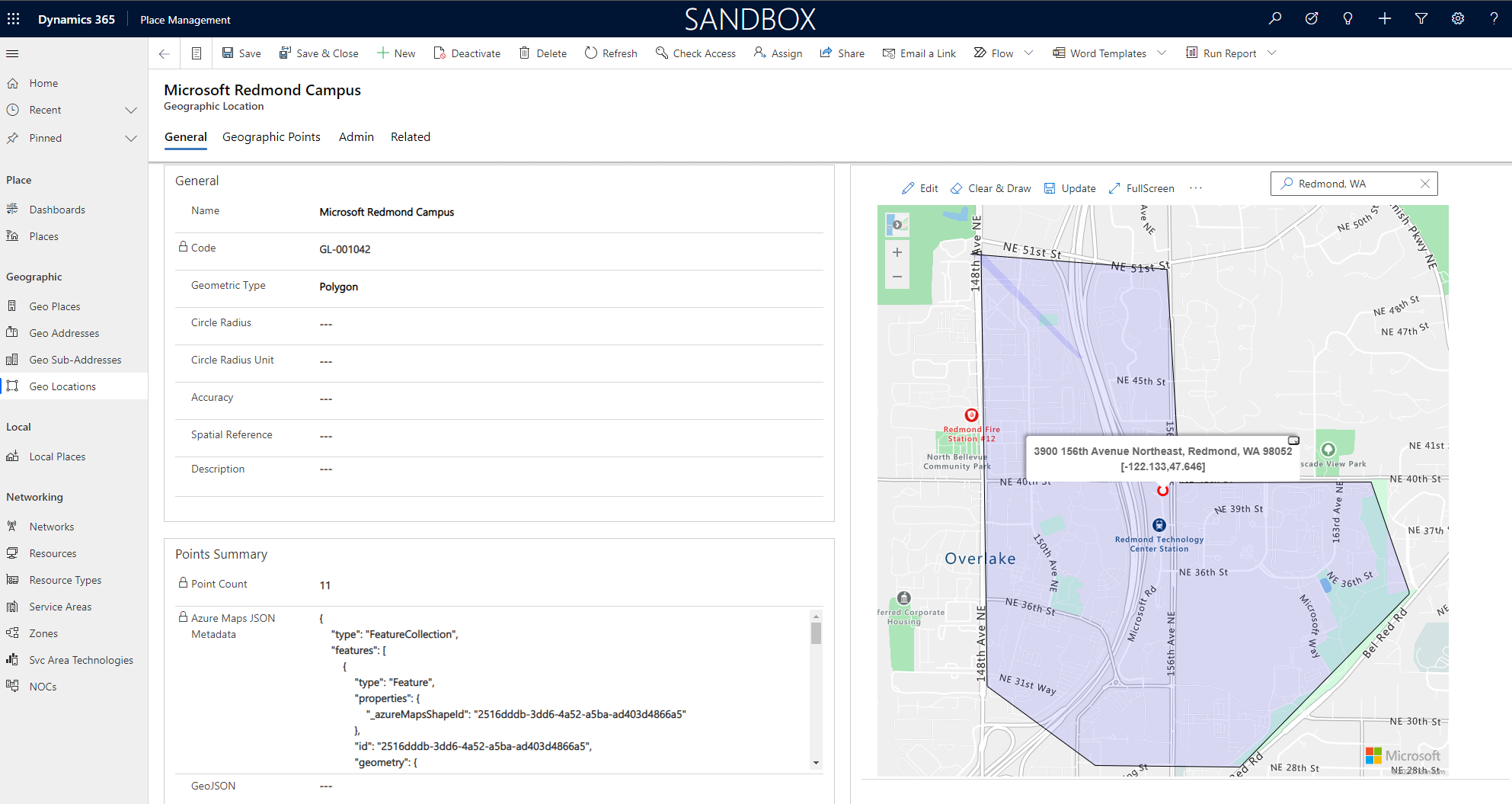 Sample screen of geographic location within place management solution