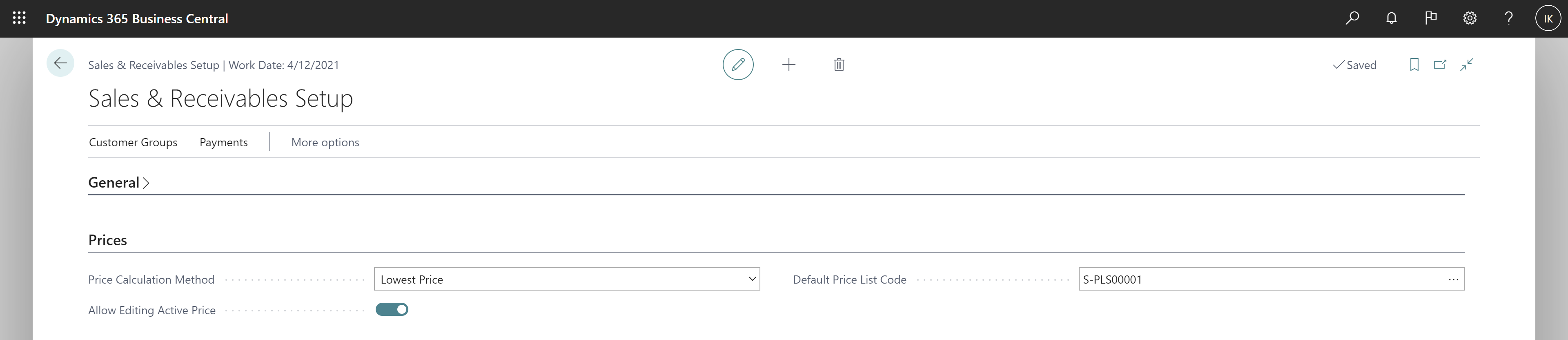 Shows Sales & Receivable Setup with default price list and Allow Editing Active Price toggle